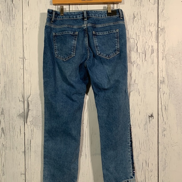 Zara Blue Medium Wash Sequins Bottom Straight Cropped Jeans Sz 8 EUC - Picture 8 of 14